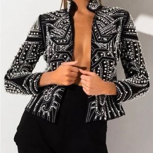 Pearl Embellished Lace Up Jacket